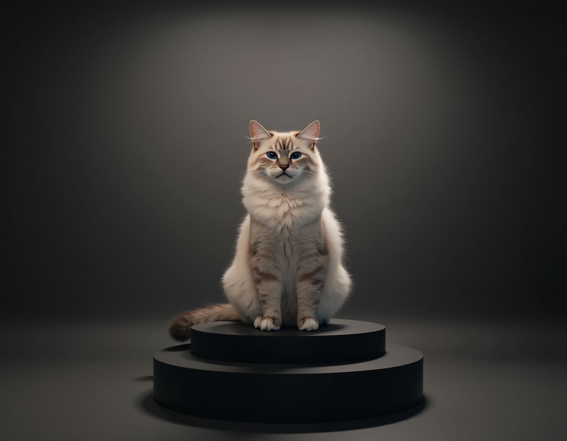 Photorealistic studio portrait of cat sitting elegantly on a black podium under a bright spotlight.
